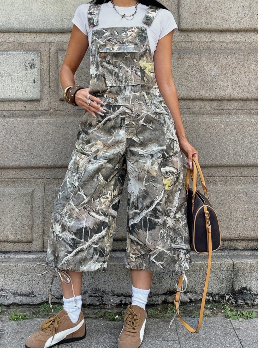 Camo Print Cotton Pockets Wide leg Cropped Bib Overalls